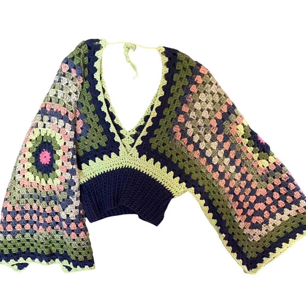 Handmade Crochet Granny Square Crop Top Bell Sleeve Green Navy Pink Boho V-Neck - Picture 3 of 6